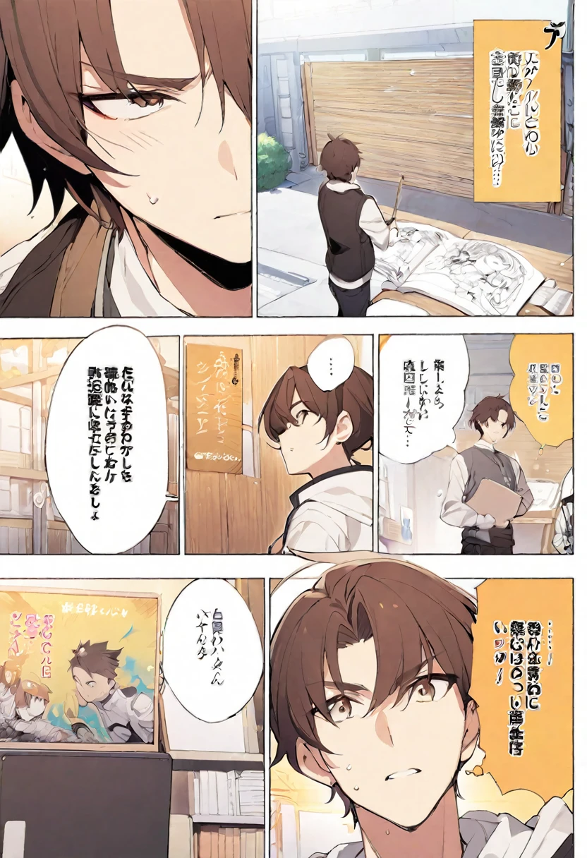 manga page, of a white and brown hair man, and writing on the board