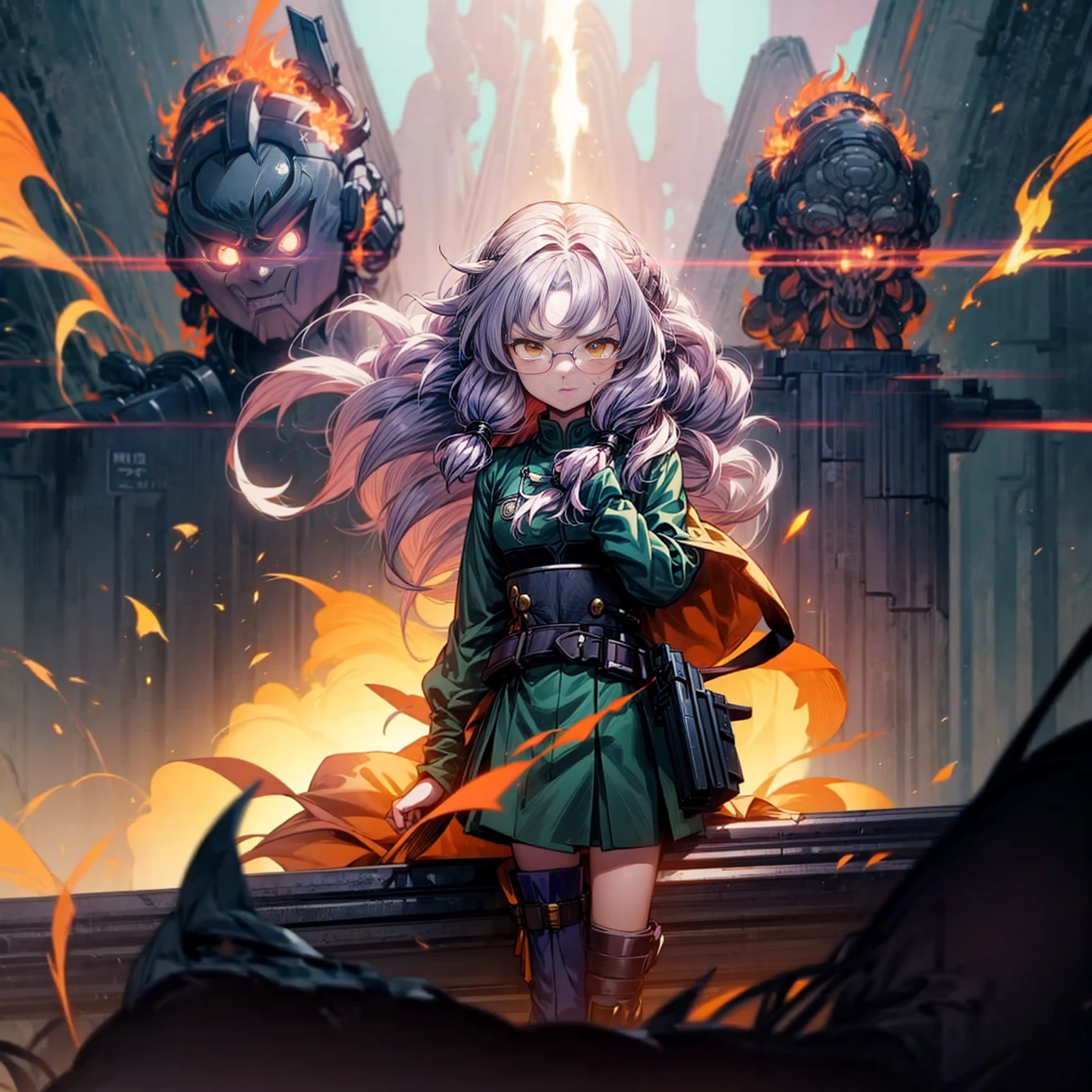 1tall girl, 1character, gold eyes, long Curly haircut, lavender color hair, army style clothing, white glasses, Long socks, boots army, Grassroots, background in top of the building, motion blur, (dragon ball style art), Big robot gun in hand, smoke effect, aura effect, Fire, lighting fire, plasma effect, fire city, (half body view version, angry , standing gesture)