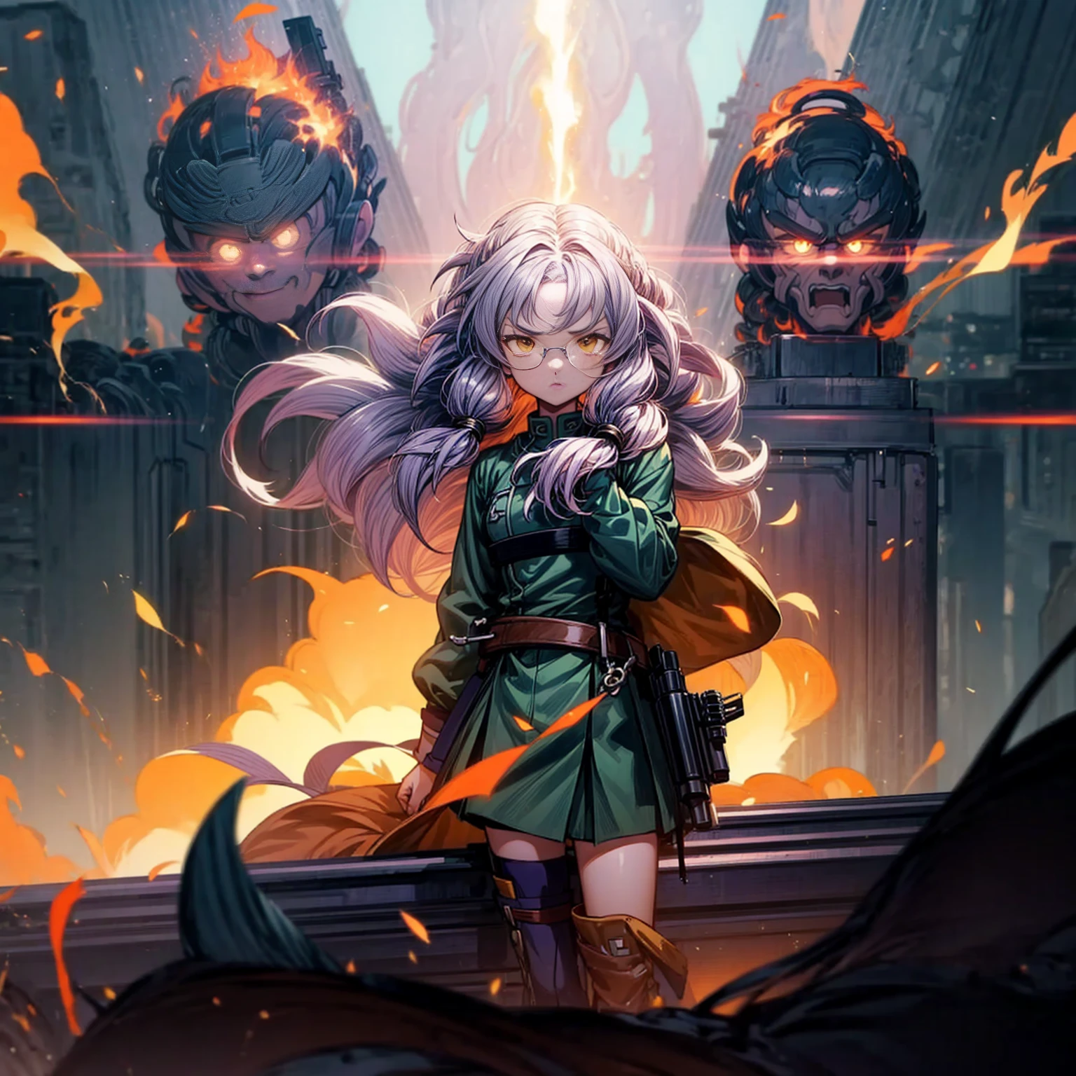 1tall girl, 1character, gold eyes, long Curly haircut, lavender color hair, army style clothing, white glasses, Long socks, boots army, Grassroots, background in top of the building, motion blur, (dragon ball style art), Big robot gun in hand, smoke effect, aura effect, Fire, lighting fire, plasma effect, fire city, (half body view version, angry , standing gesture)