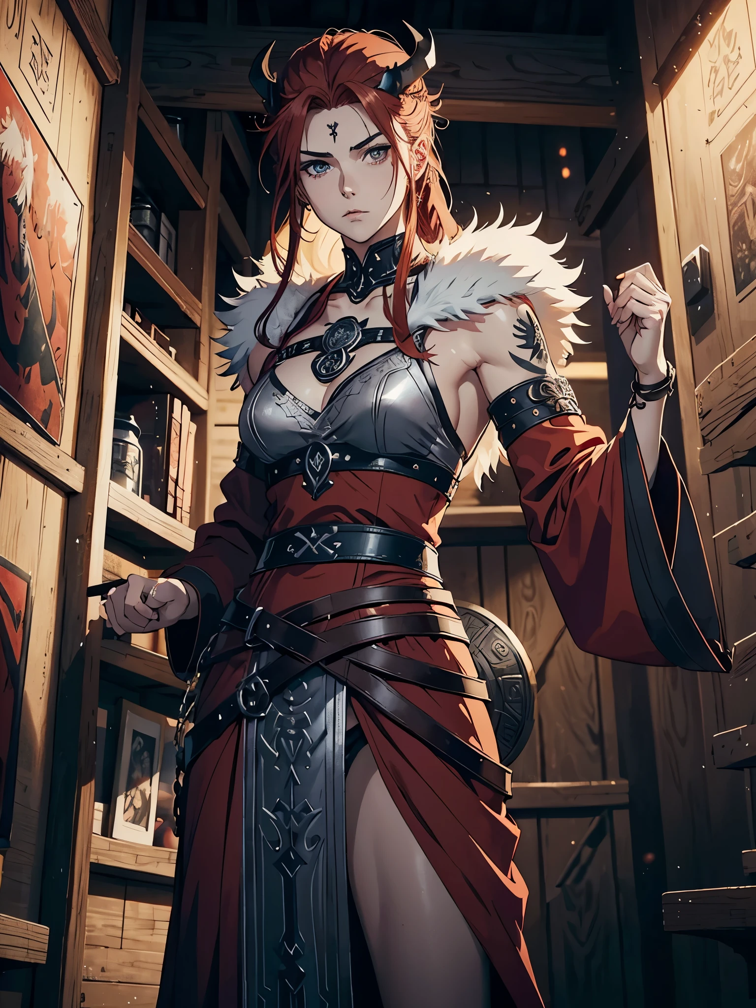 Older. More anime. 2d. Glow. Nordic clothing. Sidecut. Viking hairstyle. Long robe. masculine, Viking clothing. Red hair. woman. flat. freya. Goddess of War. Muscles. strength. Feuermagie. Brown robe. Viking warrior. Celtic Tattoos. silver jewelry. Brown clothes. Rotes Make Up.