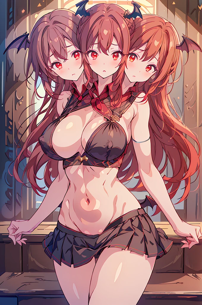 (masterpiece, best quality),best quality, (ultra-detailed), ((3heads:1.5)), 1girl, (koakuma:1.3), masterpiece, best quality, ultra quality, ultra resolution, ultra detail, white and black top, crop top, ((stomach)), midriff, ((groin)), black skirt, normal ears, shackles, red hair, (redhead), very long hair, wavy hair, sidelocks, red eyes, parted lips, open belly, sweat, cute, toned belly, hand on own chest, eyelashes, (24 year old woman:1.3), (masterpiece:1.5), (best quality:1.5), (beautiful detailed), extremely detailed CG, extremely delicate and beautiful, depth of field, (finely detailed face), (perfect details:1.4), (mature female:1.3), wide pelvis, slender, large veiny breast, 16k resolution, highres, high quality, high definition, extremely detailed, masterpiece, red hair, long hair, alluring presence, braid, short skirt, close up, very big tits, huge tits, young, bat wings, demon girl, demon tail, demon wings, head wings, ((three headed girl)),