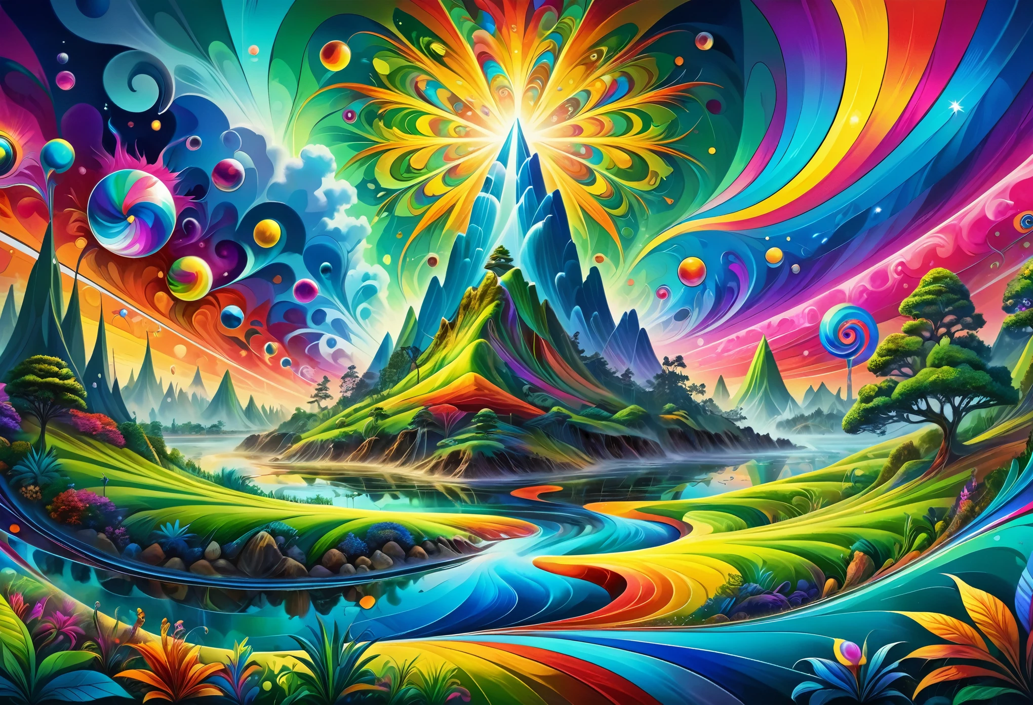 (((Mysterious Island, Distorted world, Untouched nature))), Controlling time and space, Overflowing natural energy, Energy Ripples, Distorted grass background, (Beautiful LSD art:1.3), Psychedelic Trance, (Crystal luminescence:1.1), Energy merges and vibrates, Digital Painting, Chromatic, Mentally ill, Mentally illアートスタイル, Psychedelic Art, colorful reflections，refraction，Background Blur, Fractal geometry, An explosion of colors , LSD Trip, Psychedelic colors and shapes, Effects of LSD, Art Pop, LSD Vision, High resolution, High resolution, Attention to detail, masterpiece:1.2,