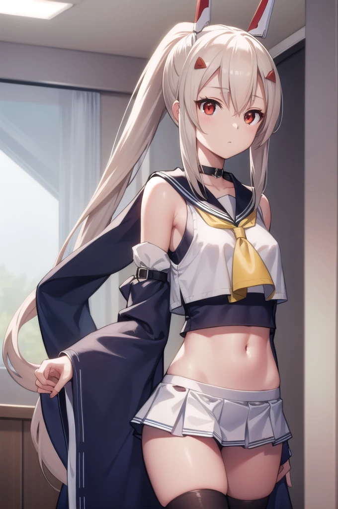 ayanami, ayanami, blonde hair, hair between eyes, hair ornament, hairclip, headgear, long hair, ponytail, sidelocks, (red eyes:1.5),
BREAK arm belt, belt, black choker, blue sailor collar, blue skirt, choker, crop top, detached sleeves, long sleeves, midriff, navel, pleated skirt, sailor collar, , serafuku, skirt, thighhighs, white thighhighs, wide sleeves, zettai ryouiki
BREAK looking at viewer,
BREAK indoors, classroom,
BREAK (masterpiece:1.2), best quality, high resolution, unity 8k wallpaper, (illustration:0.8), (beautiful detailed eyes:1.6), extremely detailed face, perfect lighting, extremely detailed CG, (perfect hands, perfect anatomy),