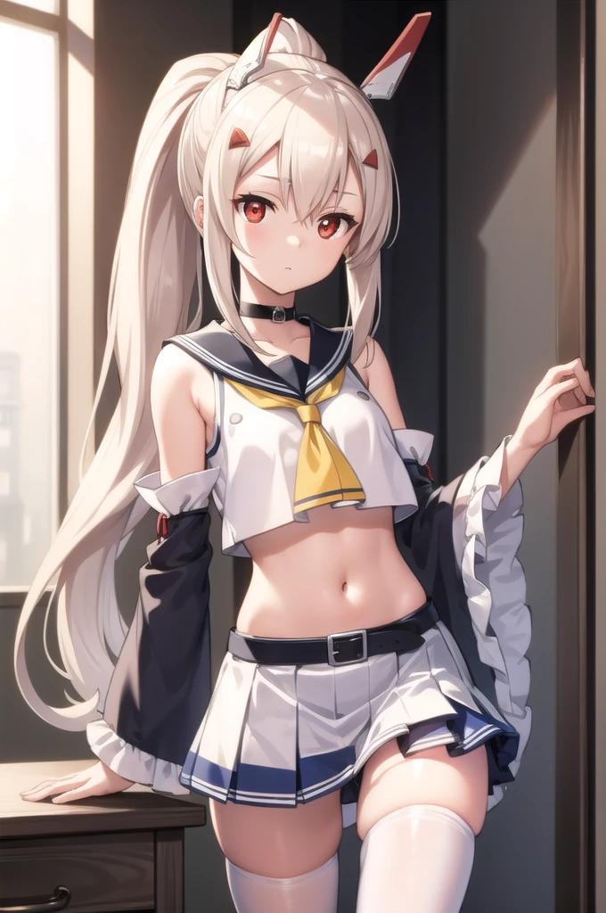 ayanami, ayanami, blonde hair, hair between eyes, hair ornament, hairclip, headgear, long hair, ponytail, sidelocks, (red eyes:1.5),
BREAK arm belt, belt, black choker, blue sailor collar, blue skirt, choker, crop top, detached sleeves, long sleeves, midriff, navel, pleated skirt, sailor collar, , serafuku, skirt, thighhighs, white thighhighs, wide sleeves, zettai ryouiki
BREAK looking at viewer,
BREAK indoors, classroom,
BREAK (masterpiece:1.2), best quality, high resolution, unity 8k wallpaper, (illustration:0.8), (beautiful detailed eyes:1.6), extremely detailed face, perfect lighting, extremely detailed CG, (perfect hands, perfect anatomy),