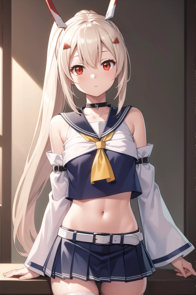 ayanami, ayanami, blonde hair, hair between eyes, hair ornament, hairclip, headgear, long hair, ponytail, sidelocks, (red eyes:1.5),
BREAK arm belt, belt, black choker, blue sailor collar, blue skirt, choker, crop top, detached sleeves, long sleeves, midriff, navel, pleated skirt, sailor collar, , serafuku, skirt, thighhighs, white thighhighs, wide sleeves, zettai ryouiki
BREAK looking at viewer,
BREAK indoors, classroom,
BREAK (masterpiece:1.2), best quality, high resolution, unity 8k wallpaper, (illustration:0.8), (beautiful detailed eyes:1.6), extremely detailed face, perfect lighting, extremely detailed CG, (perfect hands, perfect anatomy),