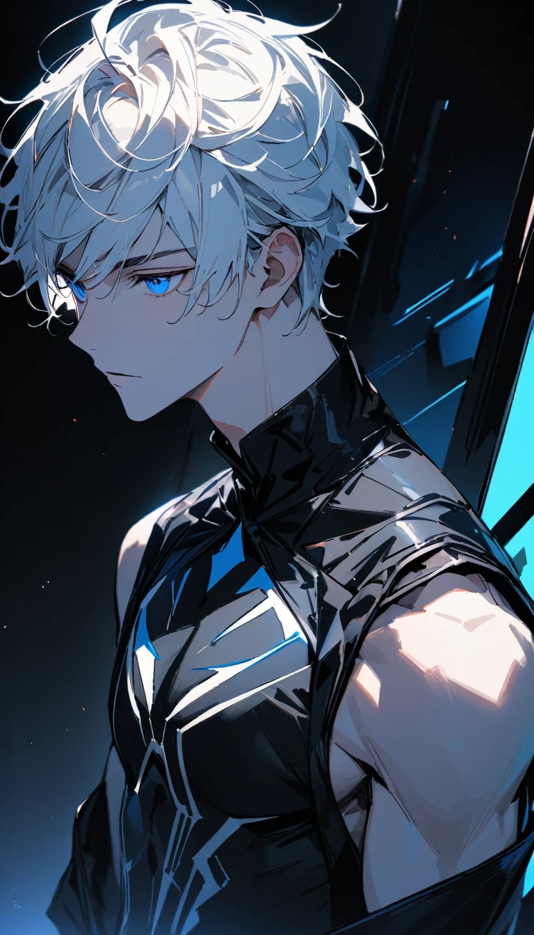 (masterpiece:1.5)，best quality，(1 Handsome and YOUNG MALE TEENAGER)，alone，WHITE short hair，(blue eyes), (soft expression)，perfect face, Complex clothing designs，Black leather glov，Slightly muscular body，High，8K，Beautiful contrast of light and shado，(complete upper body)，Positive face，((luxury screen))