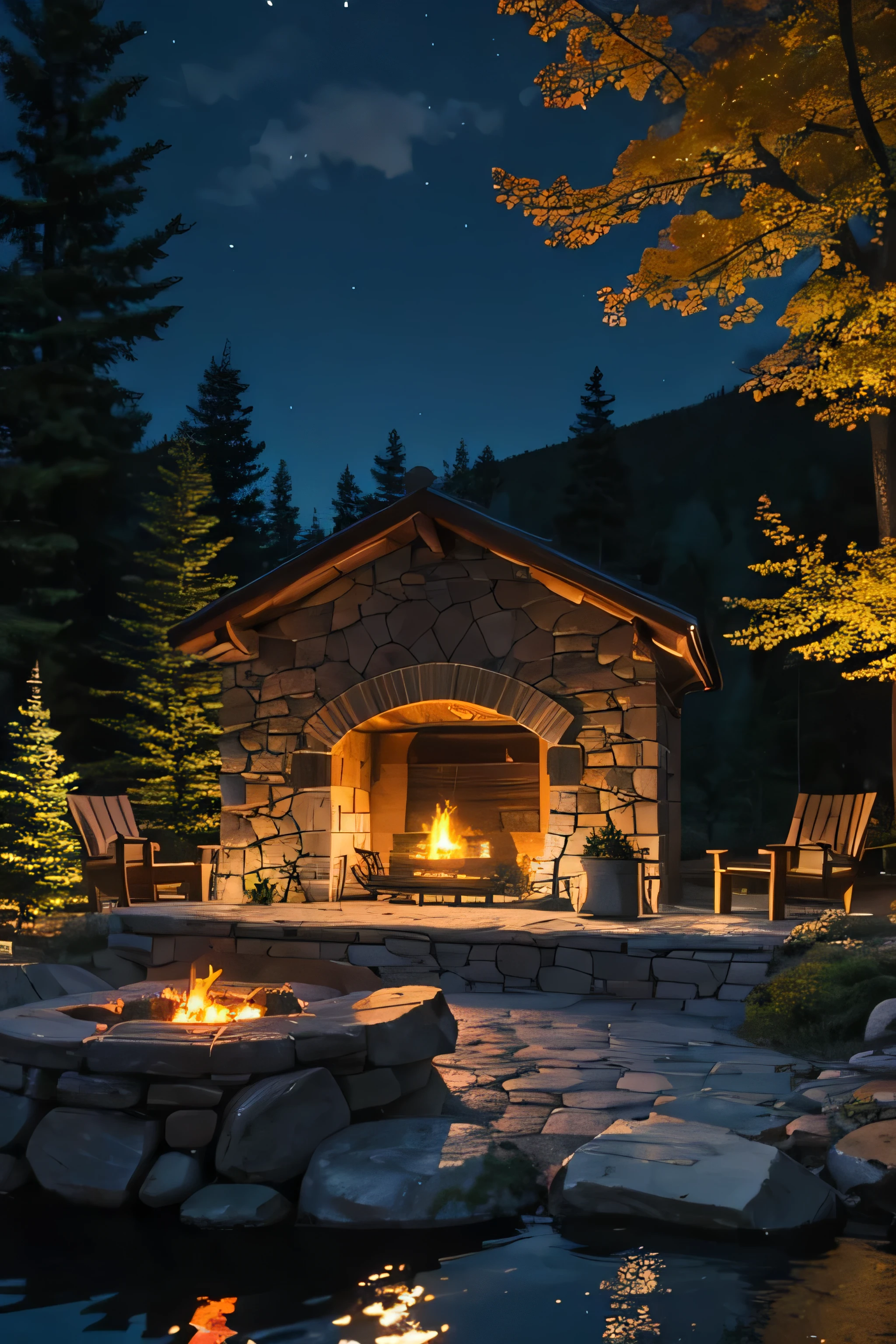 Stone house, lake, autumn, pine trees, night, fire place