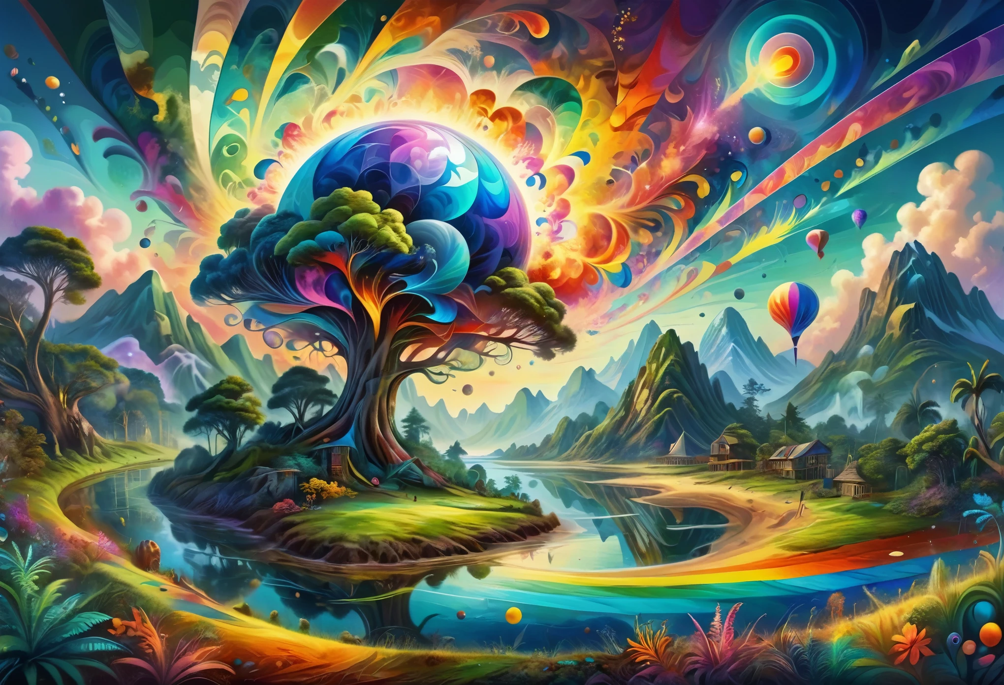 (((Mysterious Island, Distorted world, Untouched nature))), Controlling time and space, Overflowing natural energy, Energy Ripples, Distorted grass background, (Beautiful LSD art:1.3), Psychedelic Trance, (Crystal luminescence:1.1), Energy merges and vibrates, Digital Painting, Chromatic, Mentally ill, Mentally illアートスタイル, Psychedelic Art, colorful reflections，refraction，Background Blur, Fractal geometry, An explosion of colors , LSD Trip, Psychedelic colors and shapes, Effects of LSD, Art Pop, LSD Vision, High resolution, High resolution, Attention to detail, masterpiece:1.2,