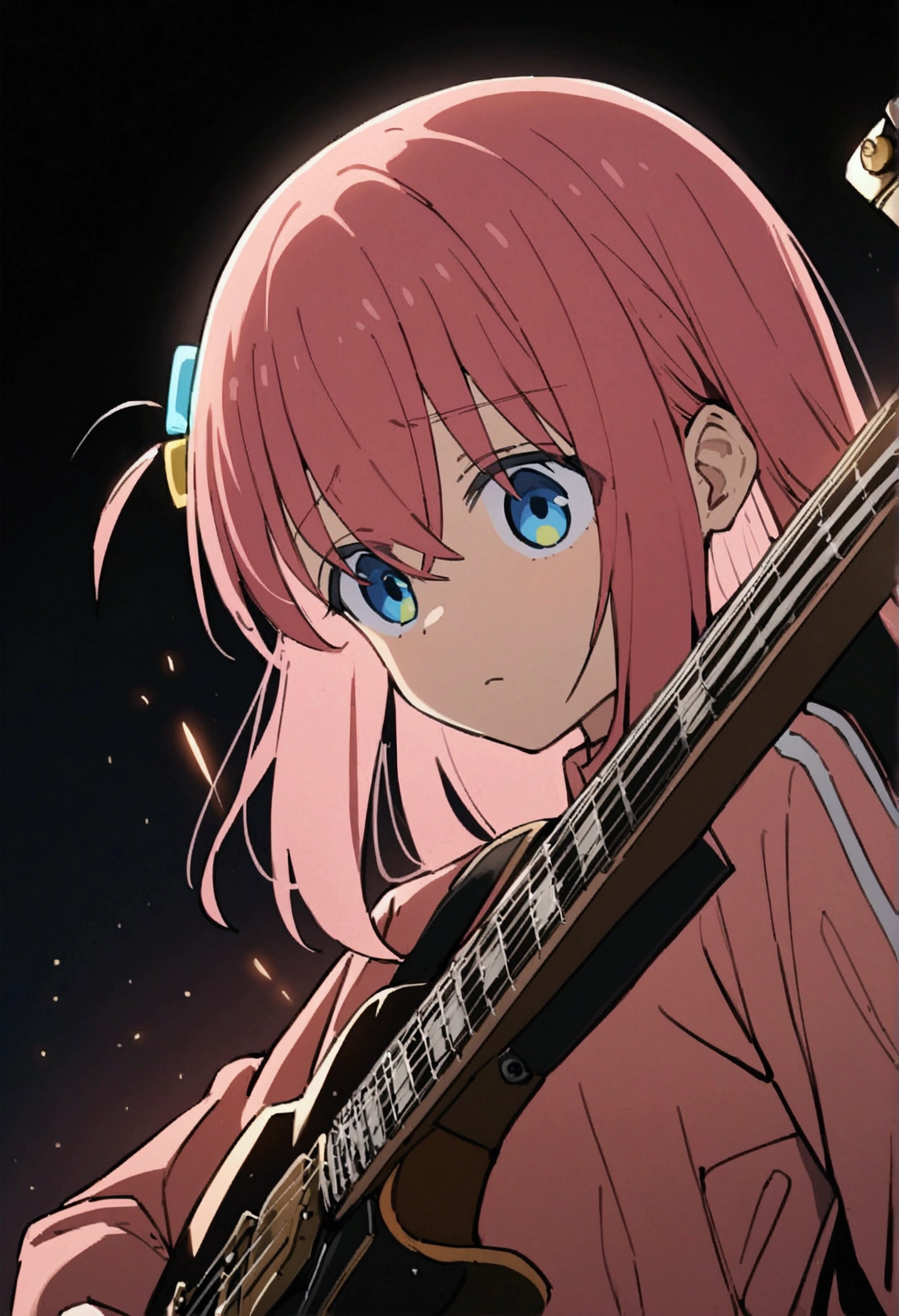,,, perfect anatomy,,.,,1girl, gotoh hitori, bocchi the rock!,blue eyes, upperbody,guitar,spark,lightparticle,