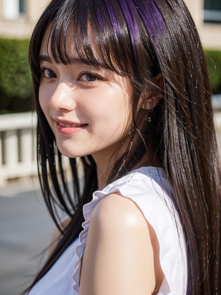 ((masterpiece)), ((best quality)), ((ultra-detailed)),((hyperrealistic)),shiny skin,1girl,,(((swept bangs))),hair intakes ,black hair,long hair,straight hair,sidelocks,sideburns,((dark purple eyes)),medium breasts,,smile,(white shirt),dynamic angle,city road,from side,