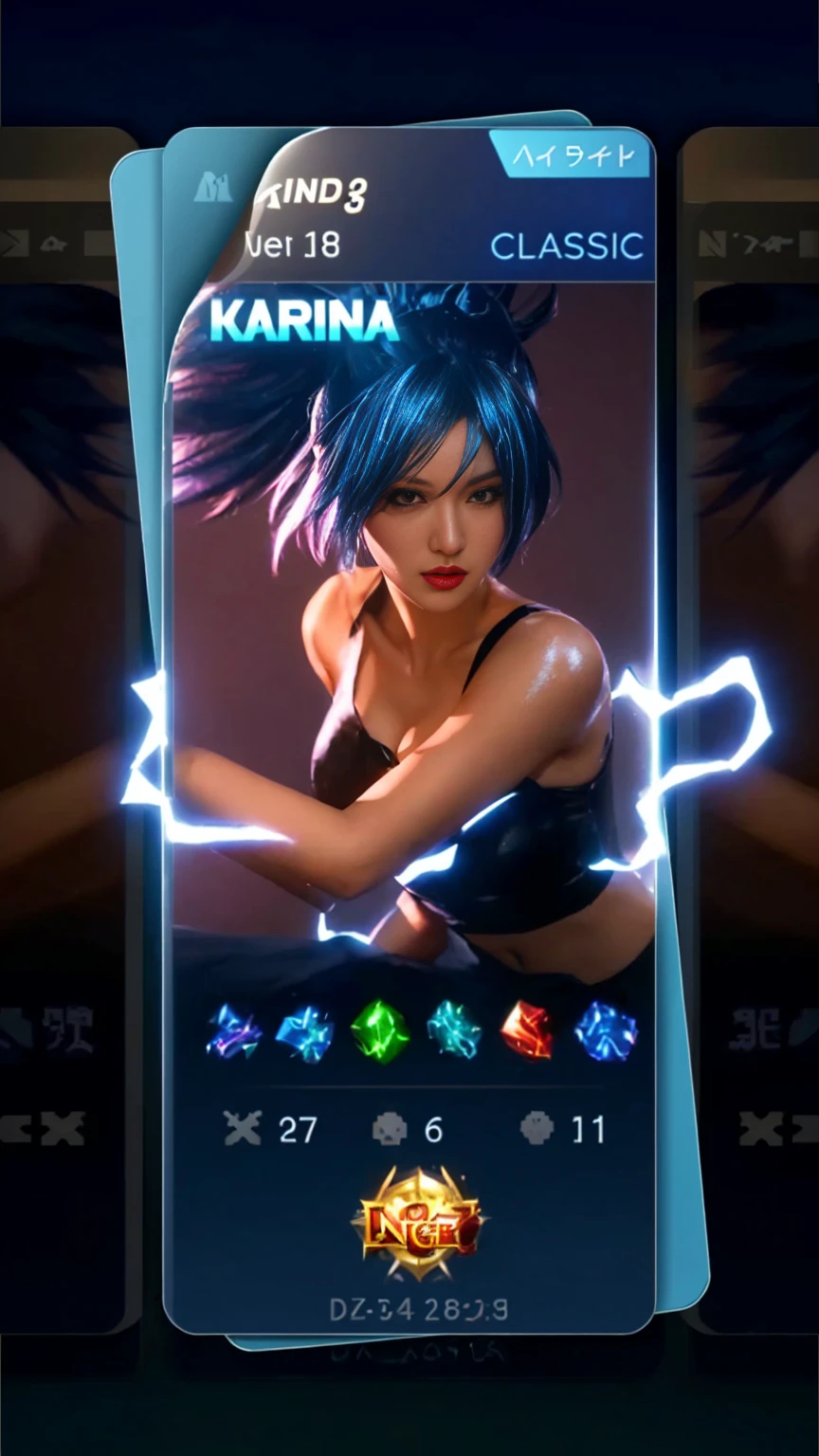 a close up of a card with a woman in a black dress, 8k artgerm bokeh, wild rift, character select portrait, character splash art, katana zero video game character, kda, 8 k character details, league of legends character, epic battle screen of hero, portrait knights of zodiac girl, iconic character splash art