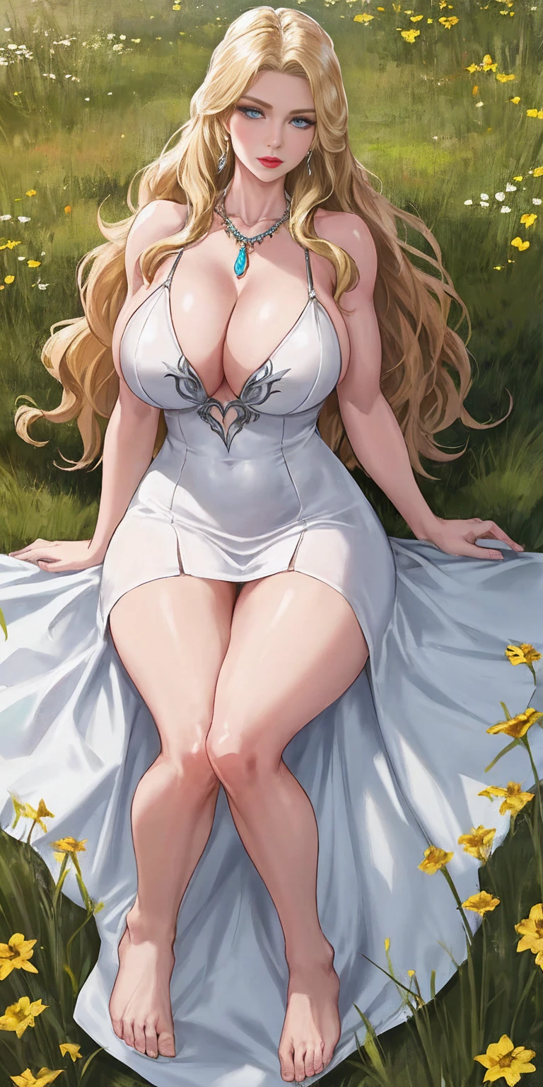 full body of blonde scandinavian goddess muscle tone full body, face of elsa hosk, huge breasts, white silk dress with deep cleavage, bare feet, amber necklace, light blue eyes, golden blonde wavy hair, red lips, seductive gaze, volumetric lighting, realistic, meadow background, thick thighs, muscular body, jewelry, realistic, raw, analog, woman, photorealistic, analog, realism