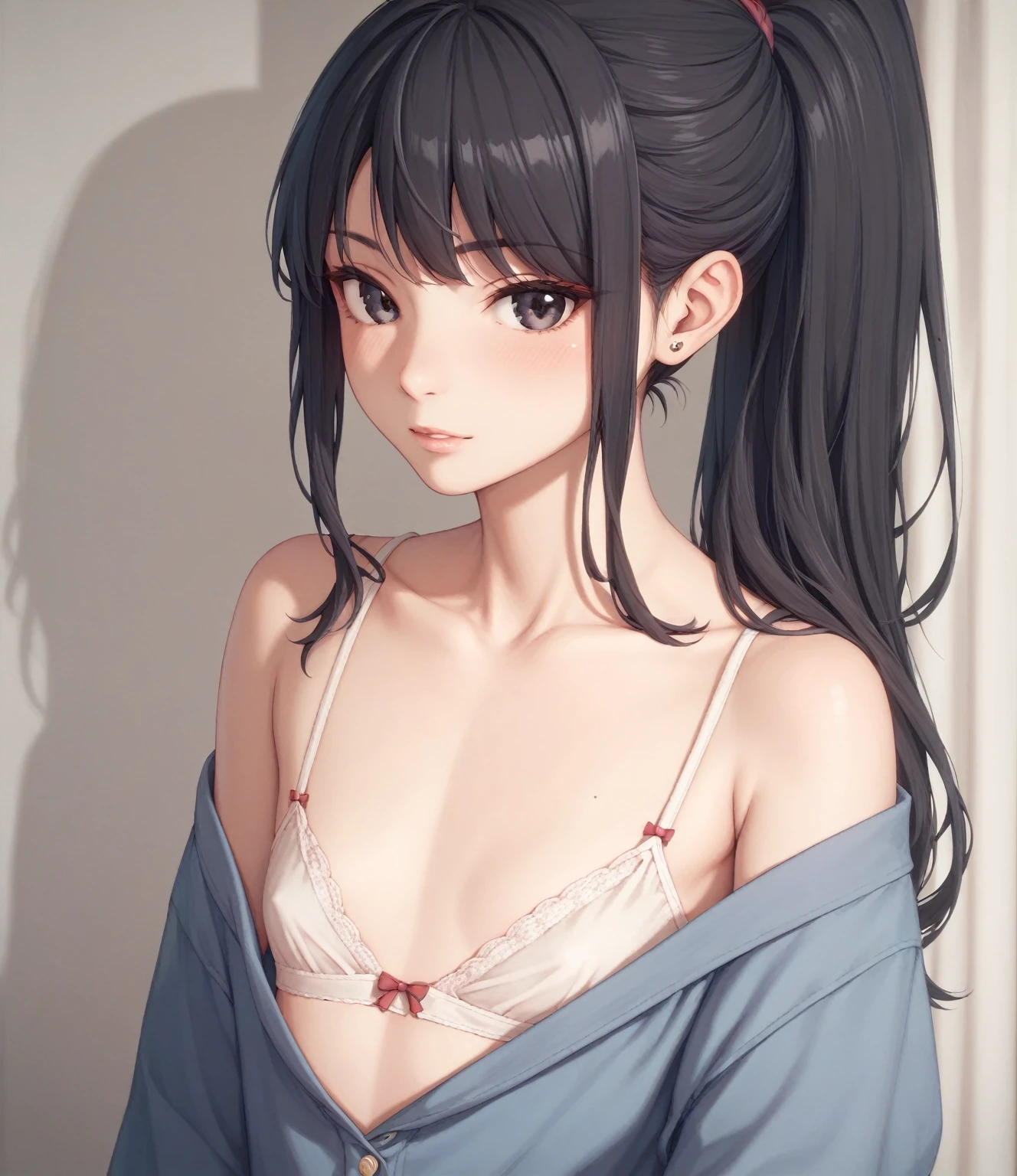 masterpiece、Highest quality、Super detailed、Perfect Human Anatomy、distinct、女性のwhole body姿、Beige underwear、blouse、Black Hair、ponytail、Dark Eyes、Are thin、whole body、Flat chest、