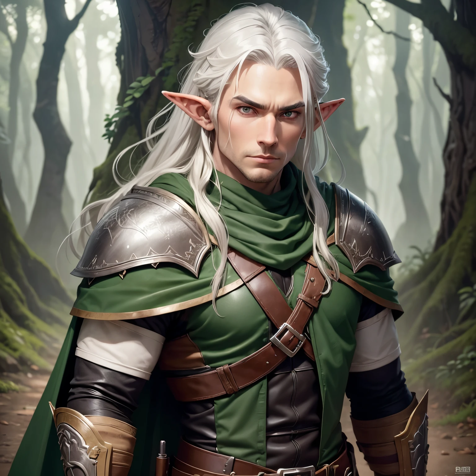 A male Elf Ranger. Born from the forest. Leather armor that blends in with the underbody and cape to become invisible. Long Light Gray Hair with Chunky Design. Super detailed eyes .His gaze would be intense and serious. highly detailed image .ready for action at any time.background an enchanted forest.