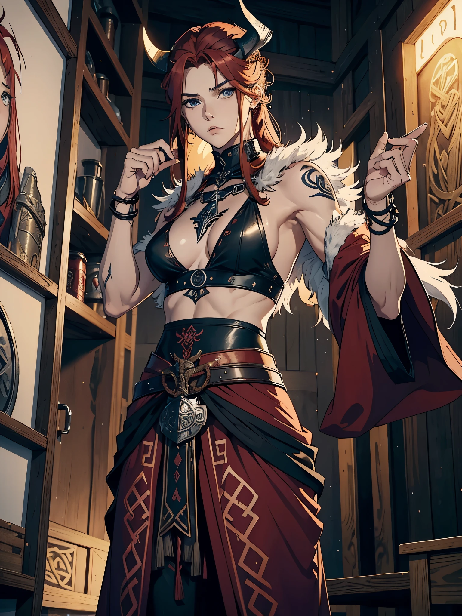 Older. More anime. 2d. Glow. Nordic clothing. Sidecut. Viking hairstyle. Long robe. masculine, Viking clothing. Red hair. woman. flat. freya. Goddess of War. Muscles. strength. Feuermagie. Brown robe. Viking warrior. Celtic Tattoos. silver jewelry. Brown clothes. Rotes Make Up.