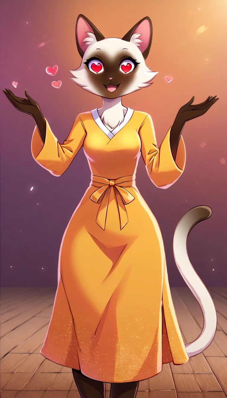 Ultra quality, Stylized 2D style, vivid colors, 1girl, anthro, fur, fluffy, siamese cat, heart shaped red eyes, She Is Wearing A Yellow Japanese Dress, she has medium sized breasts, she has wide hips, Shes is slim and tall, she is very excited, full image body character view.
