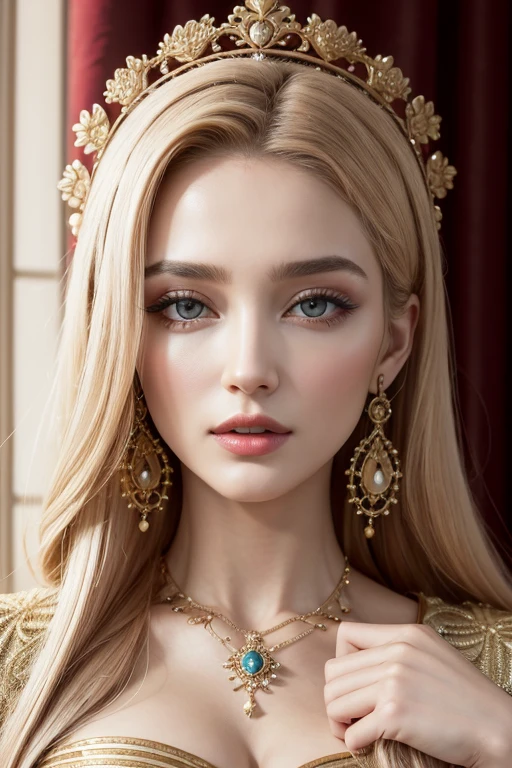 absurdrez, ultra detali, high qualiy, work of art, face detailed, gorgeous eyes(detailedeyes), greek mithology, goddess, hera , the queen of the gods, striking and captivating, features are classically beautiful, with high cheekbones, a face of perfect proportions, eyes portrayed as large and captivating, keep an intense gaze, golden hair , Gole hair is lush and flowing, cascading down the coast in waves,wearing elegant robes adorned with intricate patterns ,Your beauty is not only superficial, but embodies the essence of power, autoridade, and royalty.