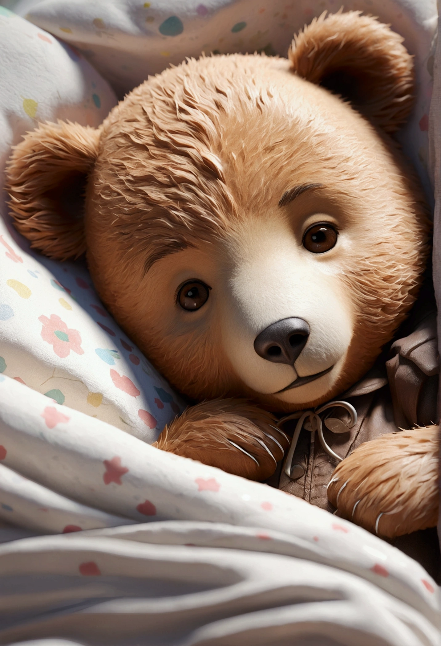 Close your eyes and sleep, ベットでAre sleeping美しい子グマ, Bear, Baby Bear, Volumetric Light, Ultra-realistic, Intricate details, shape, Painting, watercolor, Cute Chibi, ah!, Shallow depth of field, Pastel Color Palette, Soft lighting, Minimum, Modern, Digital Painting, Lois Van Bell、Ross Tran、Art by artgerm, Artstation HQのトレンド, Very detailed，sleep，Are sleeping