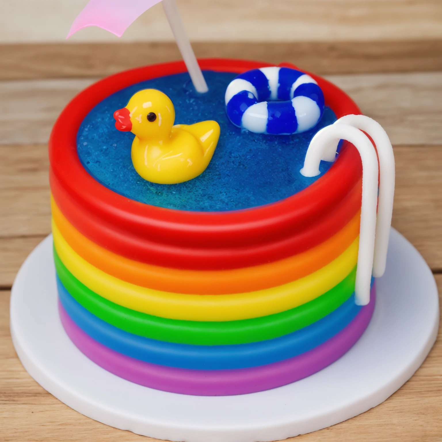 on a wooden table. there is a white plate. rainbow cake IMITATING POOL, RAINBOW STRIPS FROM POLYMER CLAY. blue jelly with bubbles. a plastic duck toy floats on it. nearby is a lifebuoy made of polymer clay, two white railings for the stairs, Beautiful light from the window, contour light, Multiple light sources, beautiful sunlight, Bright light source, bright lighting, beautiful light sources, Multiple light sources, Realistic style , realistic texture, detailed texture, a high resolution, high quality, macro photography