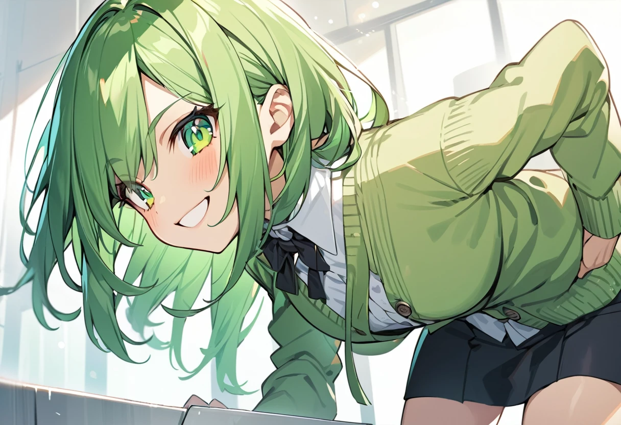anime, One girl, Green Eyes, Highest quality, Green Hair, Shortcuts, Chest to head, cardigan, Leaning forward pose, smile
