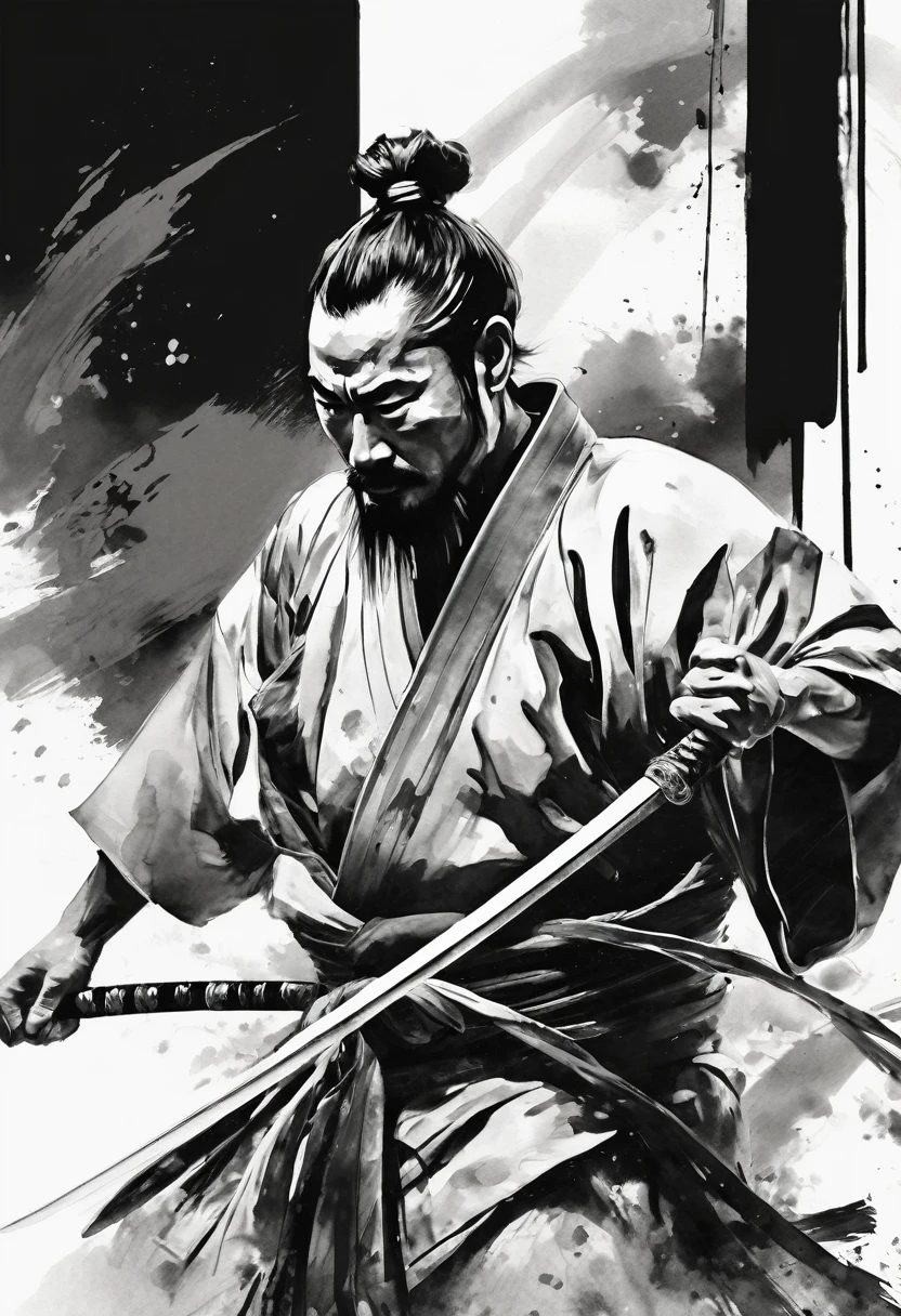 Black and white painting,Ink Painting,splash,Topknot,warrior（Ronin Style）,40-year-old male,kimono,He pulls out his Japanese sword and attacks.,Composition from the front,Uplifting,shortage々Beautifully flowing brush strokes,Contours are not shown、Draw with shades of ink