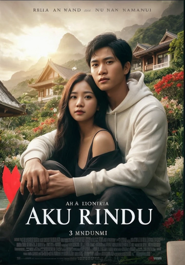a picture of a movie poster titled (I miss) The film title is displayed on the poster screen. The poster displays a picture of a typical Indonesian romantic young couple, Handsome Indonesian man with Korean face, black hair, wearing a hoodie , being hugged by a beautiful Korean-looking woman wearing a long t-shirt. The background is a natural view of a luxury villa, the image is very clear,Real,realistic 32k