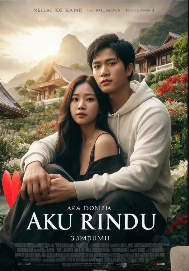 a picture of a movie poster titled (I miss) The film title is displayed on the poster screen. The poster displays a picture of a typical Indonesian romantic young couple, Handsome Indonesian man with Korean face, black hair, wearing a hoodie , being hugged by a beautiful Korean-looking woman wearing a long t-shirt. The background is a natural view of a luxury villa, the image is very clear,Real,realistic 32k