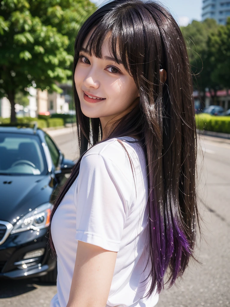 ((masterpiece)), ((best quality)), ((ultra-detailed)),((hyperrealistic)),shiny skin,1girl,,(((swept bangs))),hair intakes ,black hair,long hair,straight hair,sidelocks,sideburns,((dark purple eyes)),medium breasts,,smile,(white shirt),dynamic angle,city road,from side,upperbody shot,


