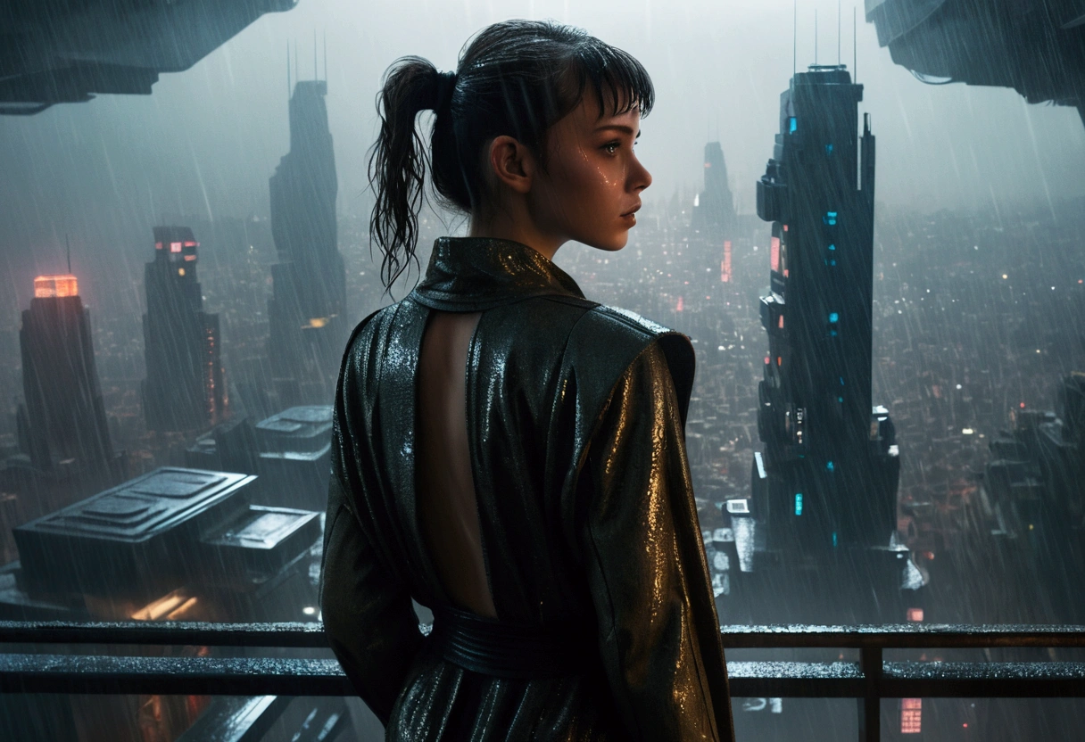 A realistic image of a futuristic city inspired by the movie "Blade Runner", with a andoroid ((beautiful young girl)) standing on the terrace of a skyscraper overlooking the city. It is raining and the scene has a 16:9 aspect ratio (please include the terrace roof)), seen from three-quarter behind