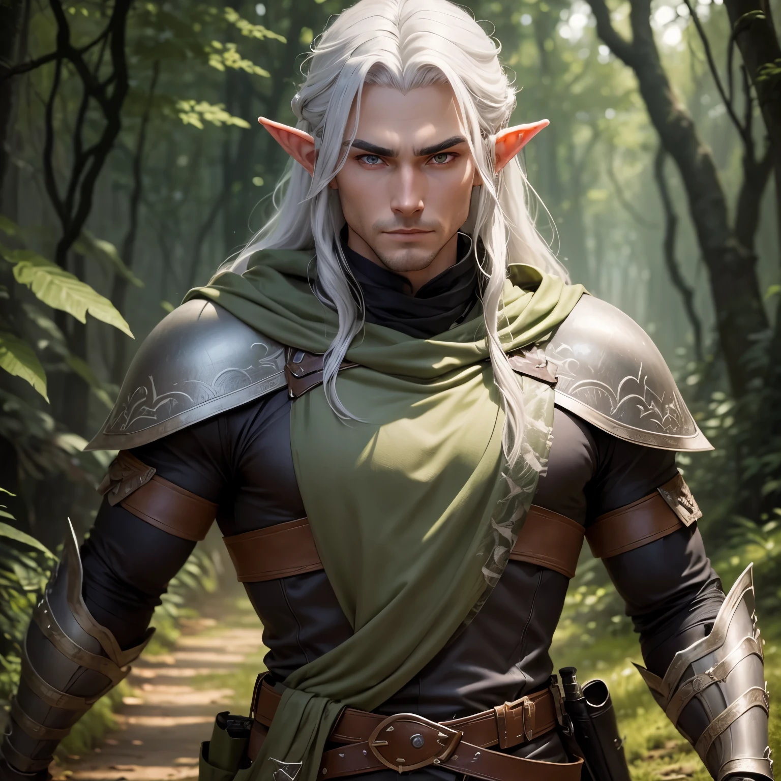 A male Elf Ranger. Born from the forest. Leather armor that blends in with the underbody and cape to become invisible. Long Light Gray Hair with Chunky Design. Super detailed eyes .His gaze would be intense and serious. highly detailed image .ssmile .ready for action at any time.background an enchanted forest.