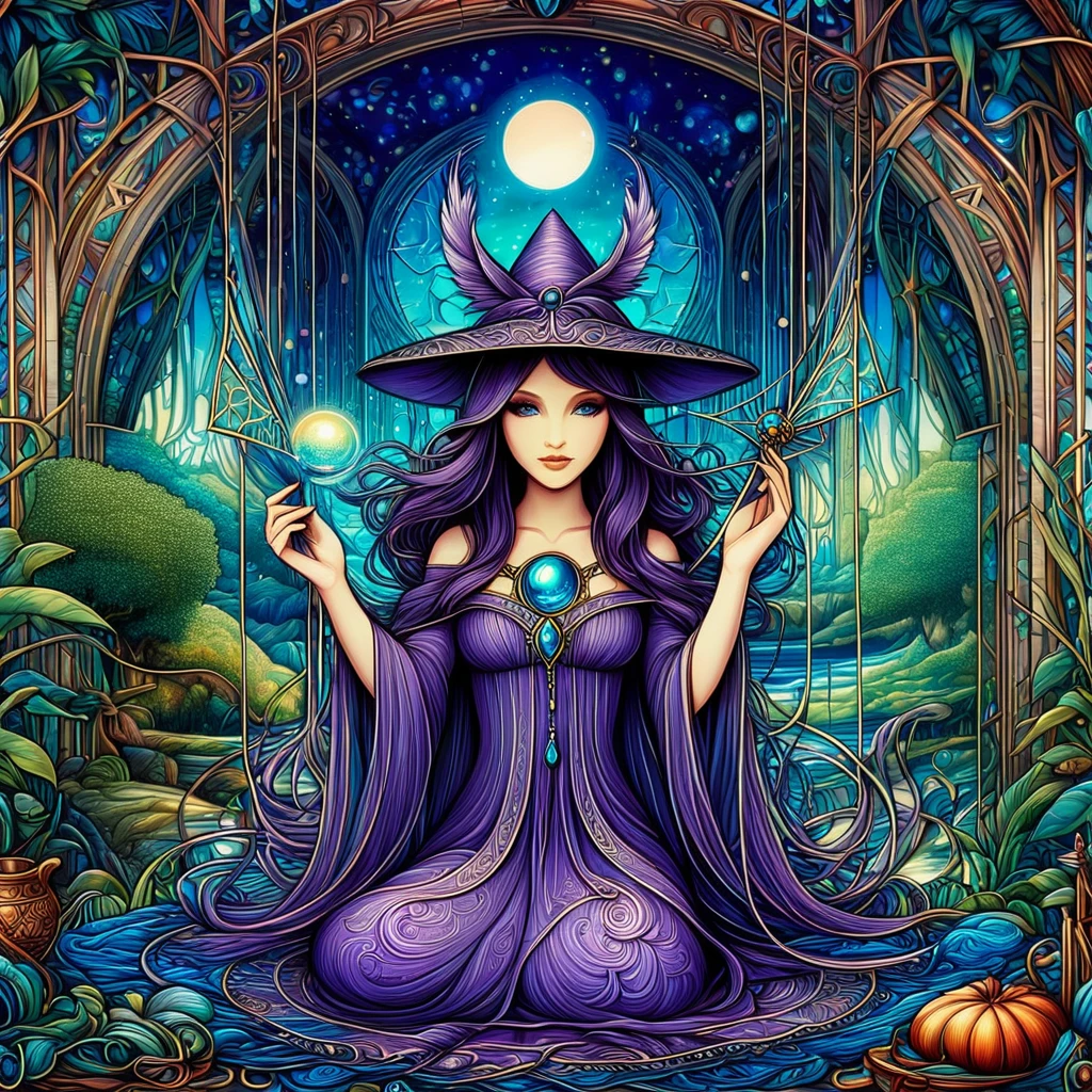 In the realm of dreams, a mystical Art Nouveau sorceress weaves threads of possibility into intricate tapestries of imagination. From fantastic landscapes to surreal creatures, every stitch brings dreams to life, blurring the boundaries between reality and fantasy.
