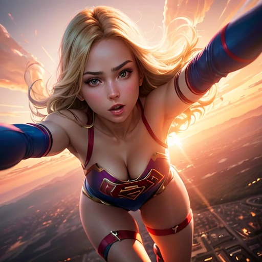 Supergirl flying sexy, wearing lingerie, photorealism, cleavage, blonde hair,  medium breasts, flying in front of beautiful sunset in sky, perfect face, looking proud