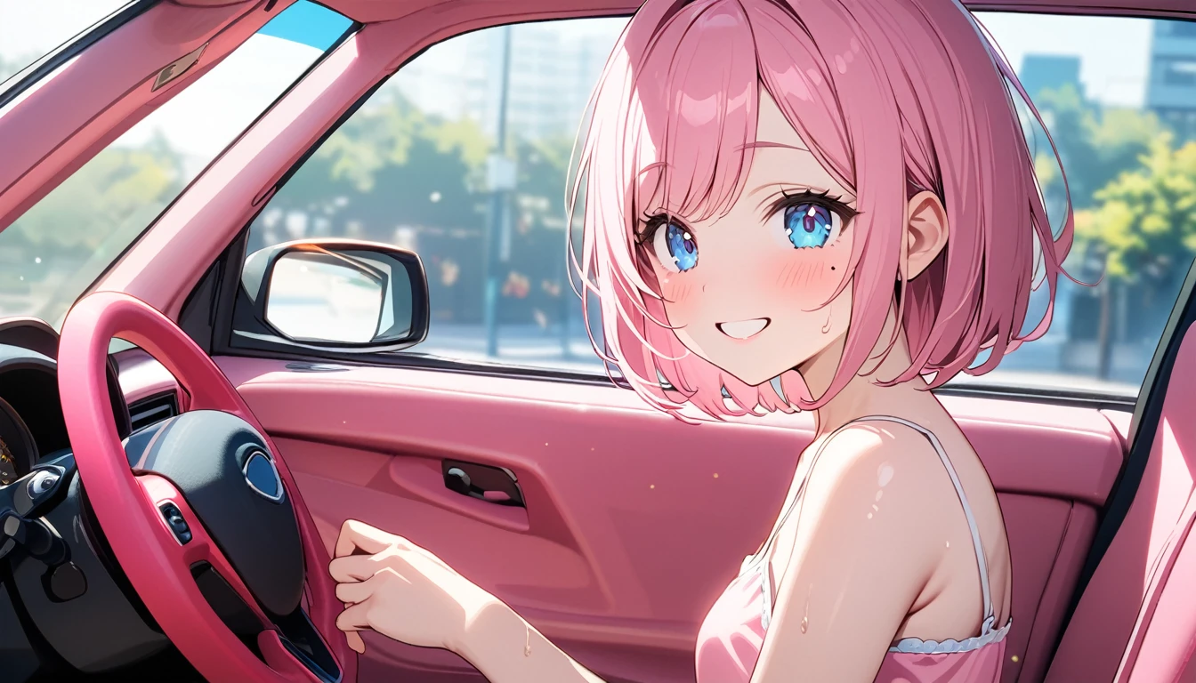 (1 girl),(Best Picture Quality, 8K, Masterpiece:1.3), (high school student:1.5), ((pink lob hair:1.1)), (bob cut),(swept bangs), (cute eyes, pupil black, iris skyblue, youthful face), (mole under right eye), (standard weight), (small breasts), (glistening skin:1.1),(pale skin:1.2),((camisole, hot pants)),(Smile),(sweat),((Ride a pink car)),((from side:1.3)),