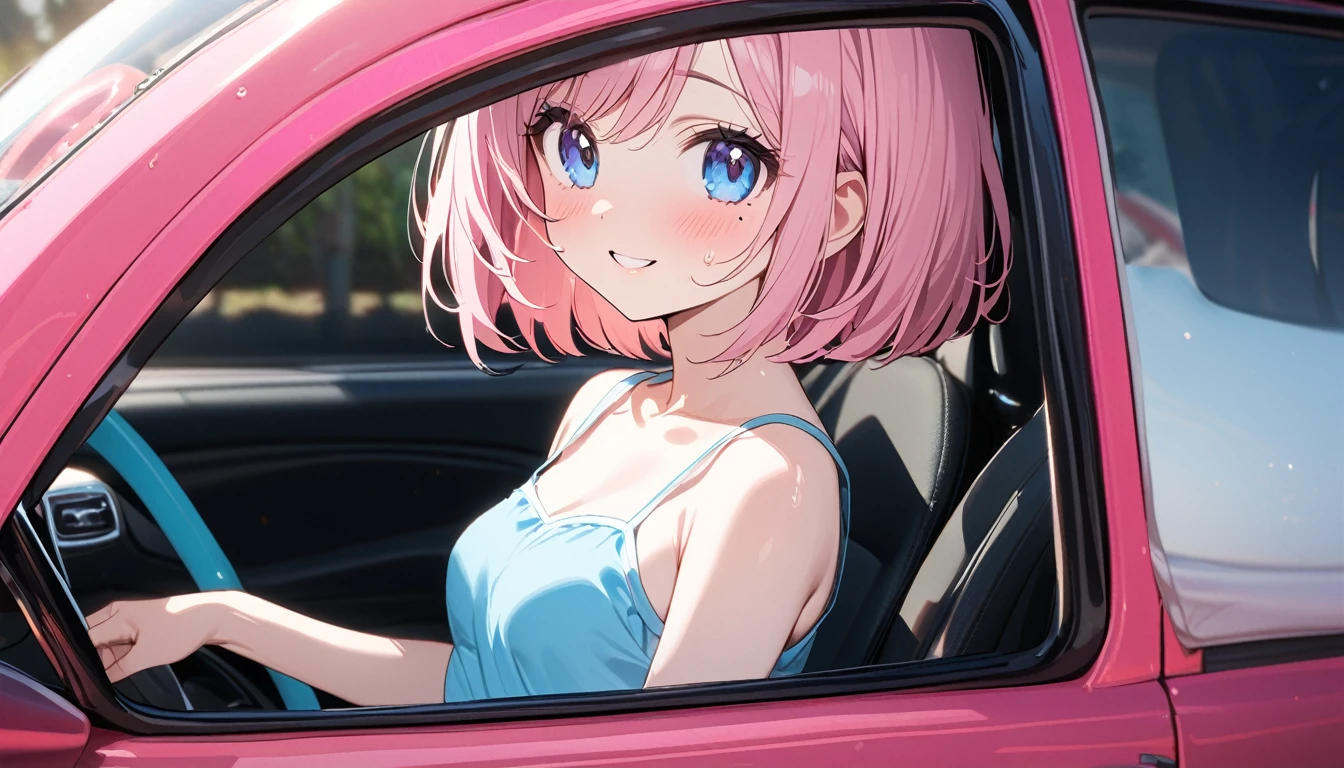 (1 girl),(Best Picture Quality, 8K, Masterpiece:1.3), (high school student:1.5), ((pink lob hair:1.1)), (bob cut),(swept bangs), (cute eyes, pupil black, iris skyblue, youthful face), (mole under right eye), (standard weight), (small breasts), (glistening skin:1.1),(pale skin:1.2),((camisole, hot pants)),(Smile),(sweat),((Ride a pink car)),((from side:1.3)),