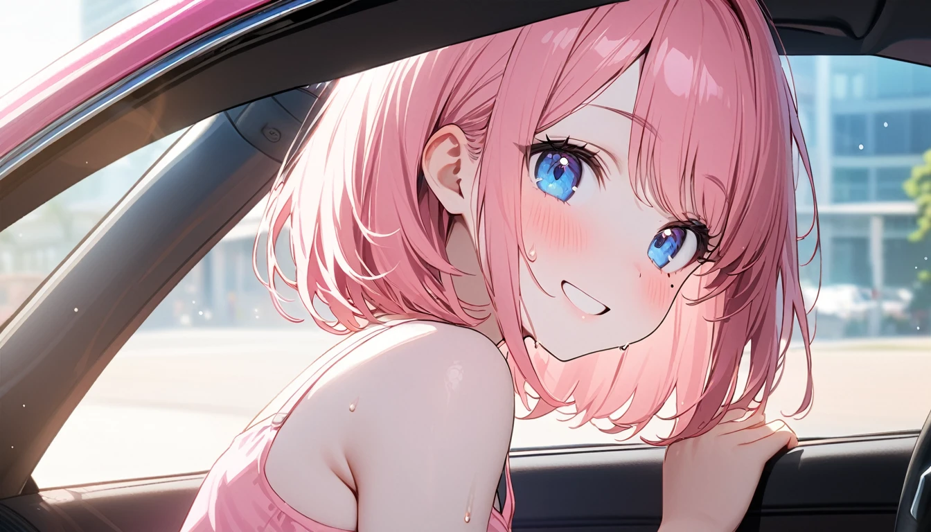 (1 girl),(Best Picture Quality, 8K, Masterpiece:1.3), (high school student:1.5), ((pink lob hair:1.1)), (bob cut),(swept bangs), (cute eyes, pupil black, iris skyblue, youthful face), (mole under right eye), (standard weight), (small breasts), (glistening skin:1.1),(pale skin:1.2),((camisole, hot pants)),(Smile),(sweat),((Ride a pink car)),((from side:1.3)),