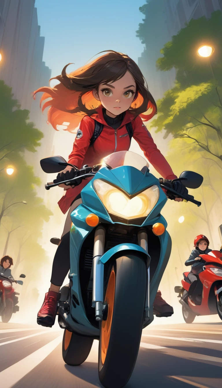 You can put the girl driving a black sports motorbike on the front of the cover and the guy driving a red sports motorbike behind her. You can give different expressions to your characters, such as a girl who is focused forward with a cold gaze and a boy who glances with interest.
Background You can use a simple background like a city street and you can also add details like street lights or trees to make your cover more interesting.
To create a more attractive cover for teens, I suggest you consider a few things:
- Colors: Bright and bold colors are always popular among teenagers. You can choose colors such as light blue, pink, yellow, or green. You can also use contrasting color combinations to make your cover stand out more.
- Composition: The composition of your cover must be balanced and attractive. You can use rules like the rule of thirds to make your cover more interesting.
- Details: Small details such as shadow effects, textures, or patterns can make your cover more interesting.
