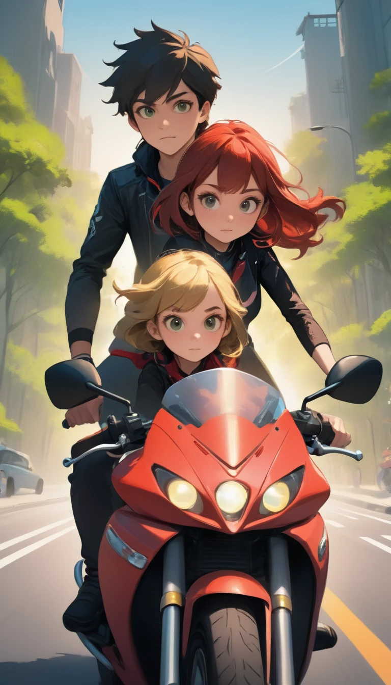 You can put the girl driving a black sports motorbike on the front of the cover and the guy driving a red sports motorbike behind her. You can give different expressions to your characters, such as a girl who is focused forward with a cold gaze and a boy who glances with interest.
Background You can use a simple background like a city street and you can also add details like street lights or trees to make your cover more interesting.
To create a more attractive cover for teens, I suggest you consider a few things:
- Colors: Bright and bold colors are always popular among teenagers. You can choose colors such as light blue, pink, yellow, or green. You can also use contrasting color combinations to make your cover stand out more.
- Composition: The composition of your cover must be balanced and attractive. You can use rules like the rule of thirds to make your cover more interesting.
- Details: Small details such as shadow effects, textures, or patterns can make your cover more interesting.