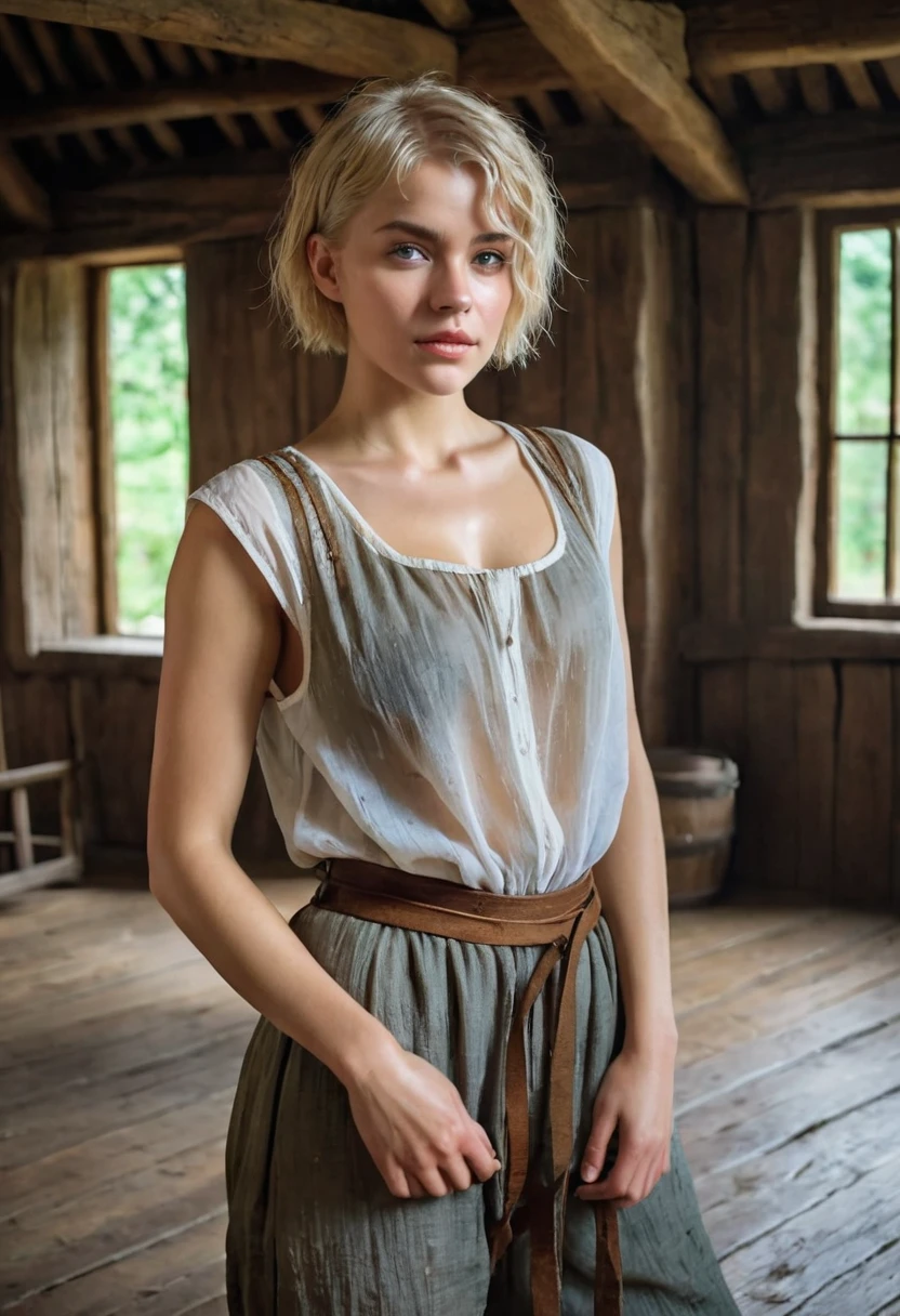 I want to see a blonde girl with short hair. She is dressed in humble medieval clothing, semi-transparent sleeveless shirt and pants, his clothes are wet and stick to his body.. His arms are strong. Under the shirt you can sense a small and firm chest. It is in the room of an inn built of wood..