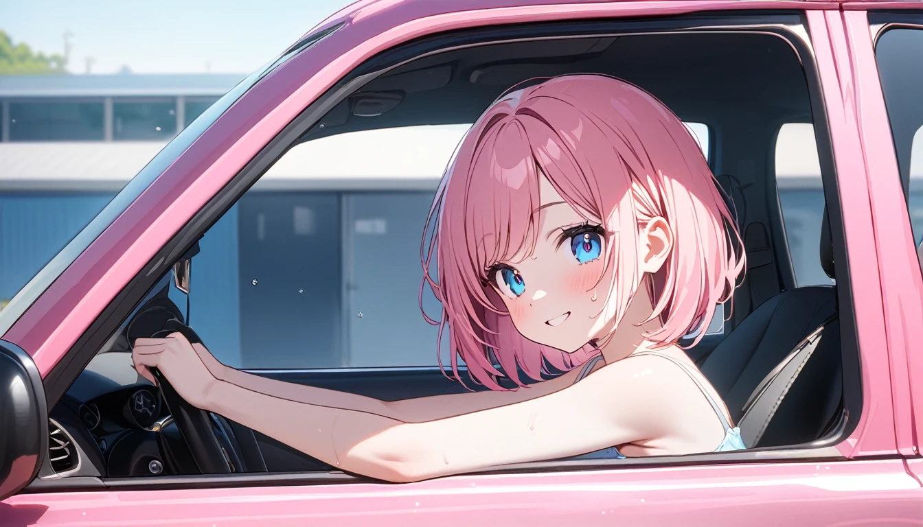 (1 girl),(Best Picture Quality, 8K, Masterpiece:1.3), (high school student:1.5), ((pink lob hair:1.1)), (bob cut),(swept bangs), (cute eyes, pupil black, iris skyblue, youthful face), (mole under right eye), (standard weight), (small breasts), (glistening skin:1.1),(pale skin:1.2),((camisole, hot pants)),(Smile),(sweat),((Ride a pink car)),((from side:1.3)),