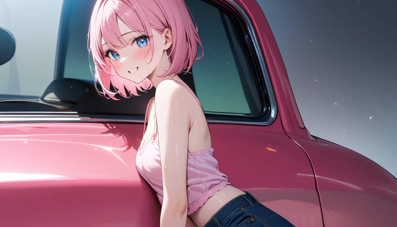 (1 girl),(Best Picture Quality, 8K, Masterpiece:1.3), (high school student:1.5), ((pink lob hair:1.1)), (bob cut),(swept bangs), (cute eyes, pupil black, iris skyblue, youthful face), (mole under right eye), (standard weight), (small breasts), (glistening skin:1.1),(pale skin:1.2),((camisole, hot pants)),(Smile),(sweat),((Ride a pink car)),((from side:1.3)),
