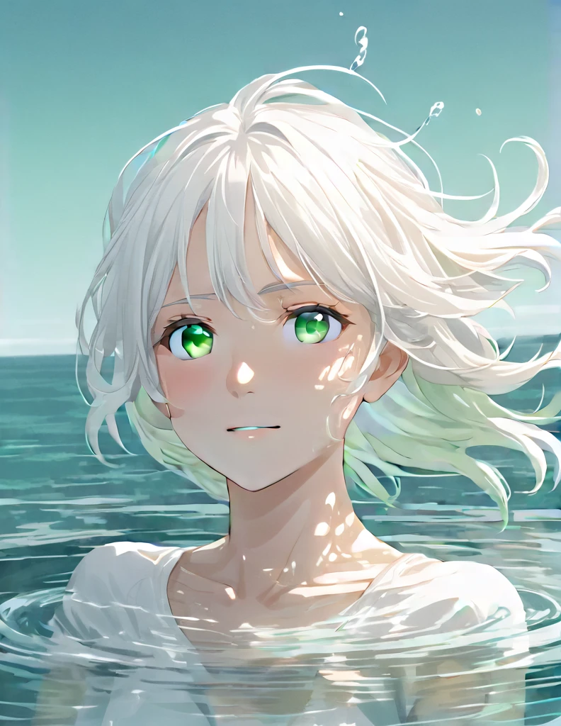 Anime style female character in water, (long  white hair:1.2), (Kind expression:1.1), green colored eyes, white top, (rippling effect of water around the body:1.3), sunlight reflecting on the water, Clear sky, subtle splashes of water, high-resolution digital art, soft color palette, atmosfera tranquila, (serene ocean background:1.1), Realistic water texture
