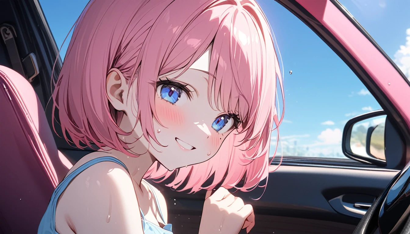 (1 girl),(Best Picture Quality, 8K, Masterpiece:1.3), (high school student:1.5), ((pink lob hair:1.1)), (bob cut),(swept bangs), (cute eyes, pupil black, iris skyblue, youthful face), (mole under right eye), (standard weight), (small breasts), (glistening skin:1.1),(pale skin:1.2),((camisole, hot pants)),(Smile),(sweat),((Ride a pink car)),((from side:1.3)),