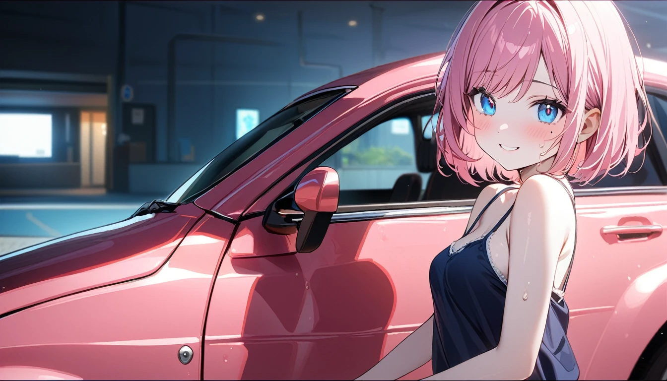 (1 girl),(Best Picture Quality, 8K, Masterpiece:1.3), (high school student:1.5), ((pink lob hair:1.1)), (bob cut),(swept bangs), (cute eyes, pupil black, iris skyblue, youthful face), (mole under right eye), (standard weight), (small breasts), (glistening skin:1.1),(pale skin:1.2),((camisole, hot pants)),(Smile),(sweat),((Ride a pink car)),((from side:1.3)),