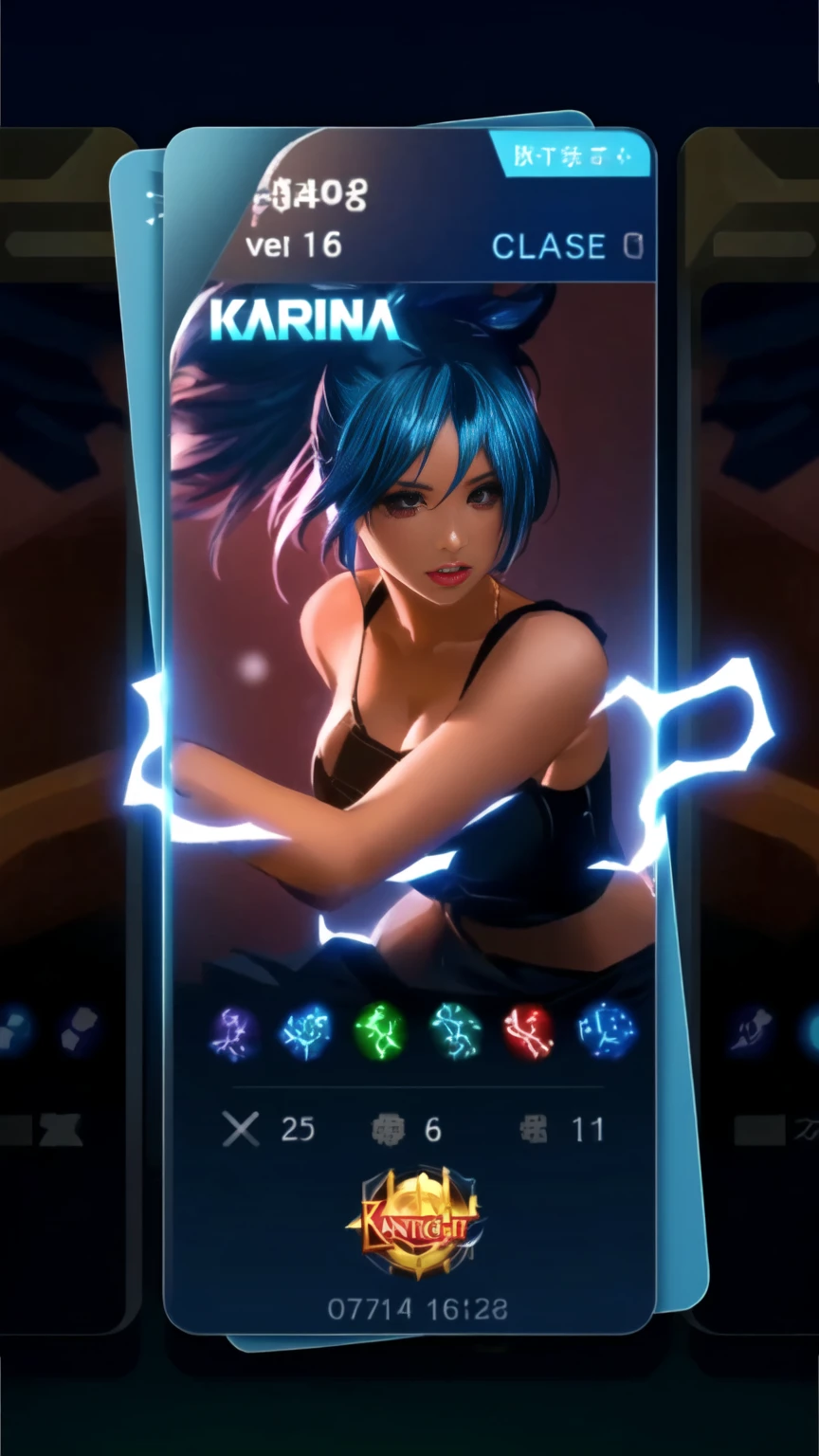 a close up of a card with a woman in a black dress, 8k artgerm bokeh, wild rift, character select portrait, character splash art, katana zero video game character, kda, 8 k character details, league of legends character, epic battle screen of hero, portrait knights of zodiac girl, iconic character splash art