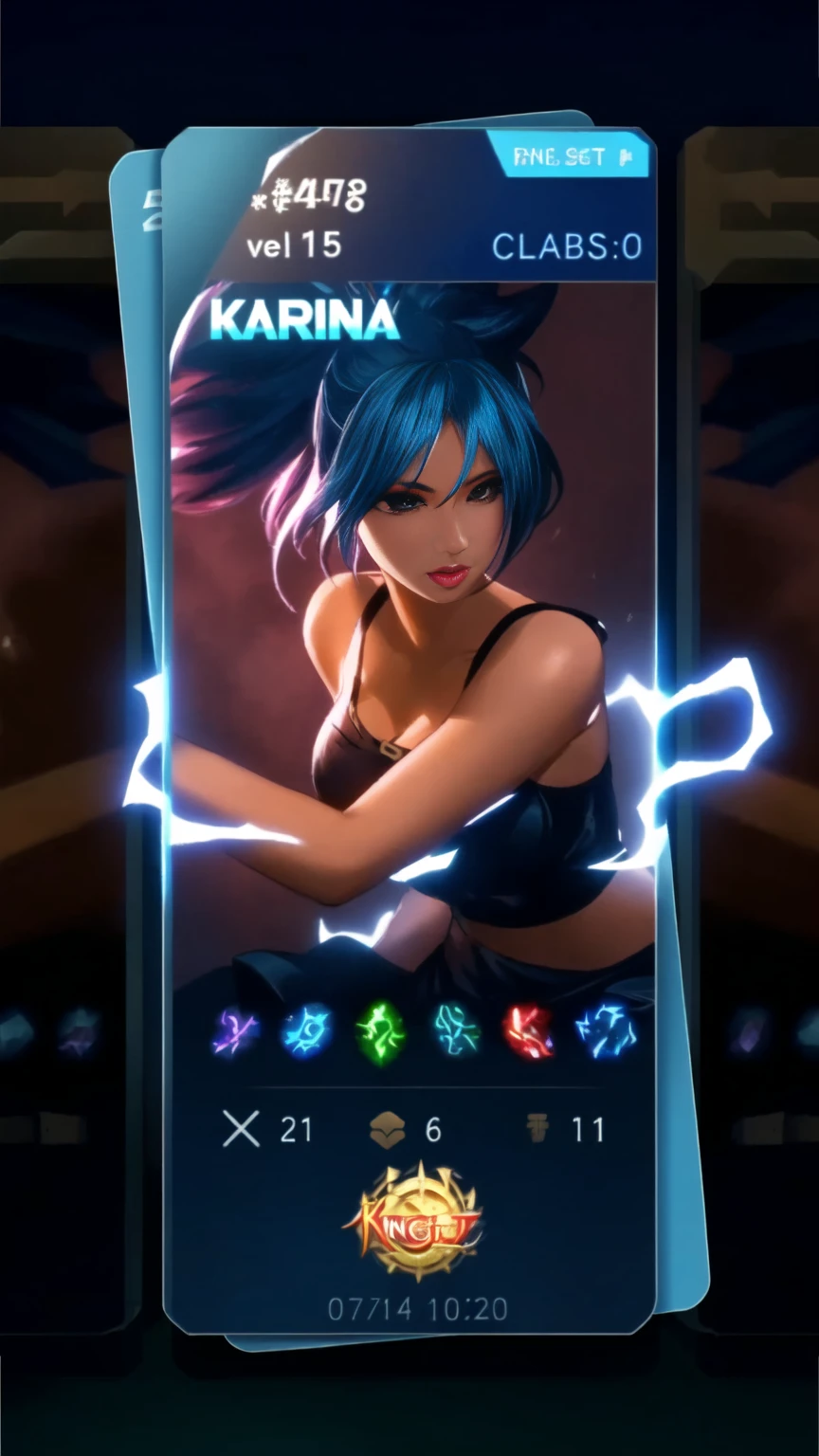 a close up of a card with a woman in a black dress, 8k artgerm bokeh, wild rift, character select portrait, character splash art, katana zero video game character, kda, 8 k character details, league of legends character, epic battle screen of hero, portrait knights of zodiac girl, iconic character splash art
