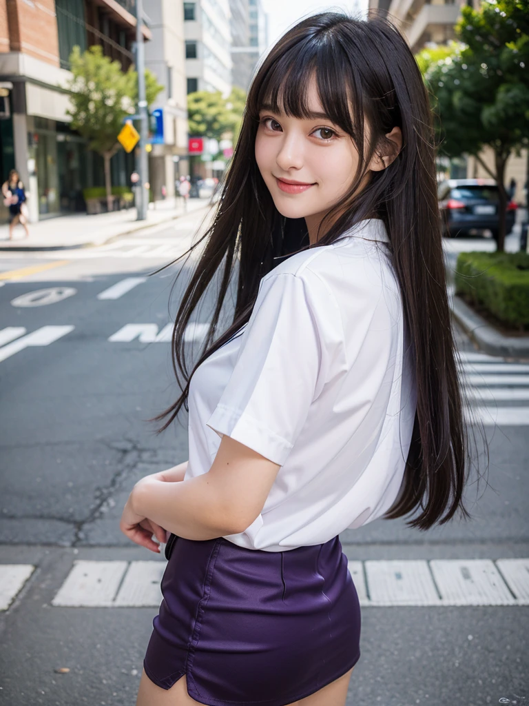 ((masterpiece)), ((best quality)), ((ultra-detailed)),((hyperrealistic)),shiny skin,1girl,,(((swept bangs))),hair intakes ,black hair,long hair,straight hair,sidelocks,sideburns,((dark purple eyes)),medium breasts,14 years old,smile,(white shirt,miniskirt),dynamic angle,city road,from side,upperbody shot,


