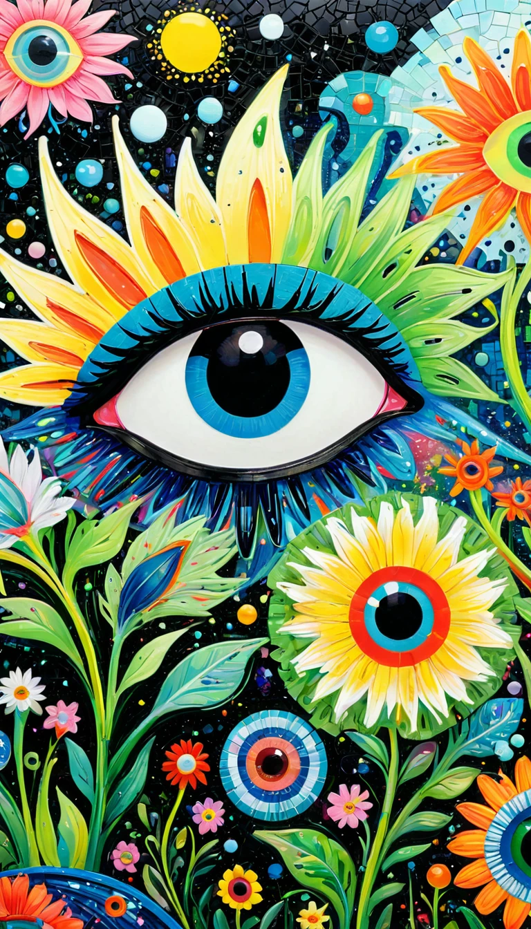 Children's graffiti,Thick coating，Concave and convex texture，Oil pastel strokes：Colorful black，Dopamine color matching，可爱的圆圆的大Eye小精灵头上有一座房子、flowesh、Tentacles、bird、(((Eye)))、diatom，Abstract mosaic painting，Describing the inner world of autistic people，Sense of space，White Space，interesting，Innocence，Psychedelic Art，
