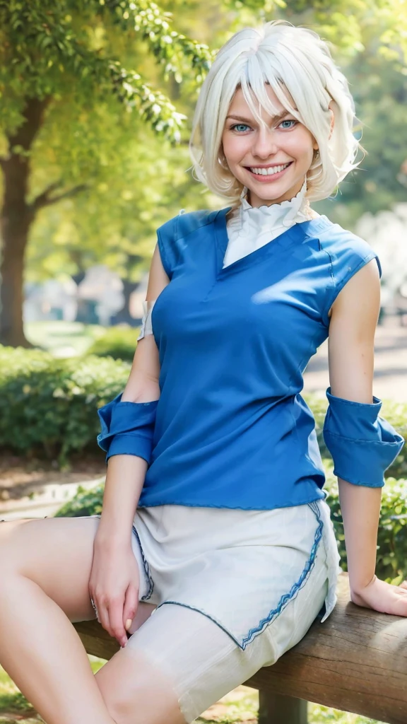 best quality, photorealistic, 8k, high res, full color, 1girl, woman, 20 years old woman, blue eyes (lovely smile, beautiful smile, smiling:1.73), (skindentation), (portrait:0.6), trees, park bench, daylight, ((park background:1.52)), full color, ((sleevelessblueshirt:1.58)), looking at viewer:1.8, (1girl eyes looking at viewer:1.55), (medium hair, white hair, partedhair:1.45), (bokeh),