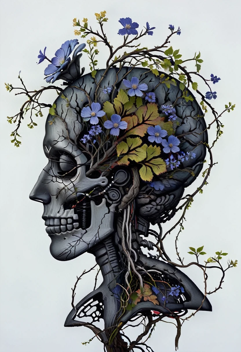 a silhouette of the outline of the brain blooming with vines and flowers by (tim burton:1.002) , rich detail, floral brain, vegetation, leave and blossoms, anatomy, vibrant, acrylc painting, wide brush strokes, colorful, (miyazaki style:0.7)