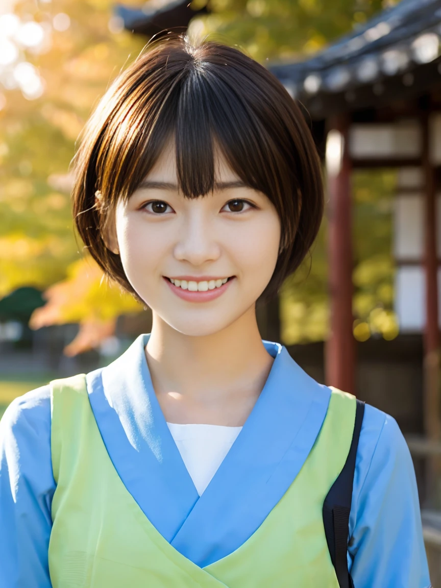short hair 、Japanese women、Autumn school building、thin脚、Extraordinary beauty、Cute Face、The best smile、Cute Smile、frontage、thin、School、 (RAW Photos:1.2), (Realistic:1.4),　Beautiful detailed girl, Very detailed目と顔, Beautiful and beautiful eyes, Large file size, High resolution, Very detailed, Highest quality, masterpiece, ((Japanese Girls&#39; High School Uniform)), Very detailed, CG, 8k wallpaper, growing up, finely, Highest quality, HVery detailed CG uniforms、 The light shines on your face、Cinema Lighting、Age 25、Big Breasts